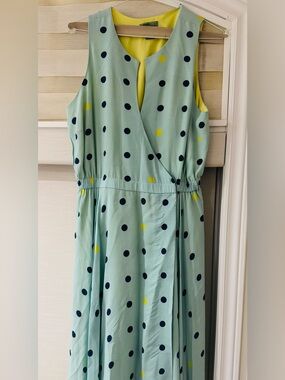 Light Blue Polka Dot Wrap Dress with Navy and Yellow Dots and Peekthrough detail